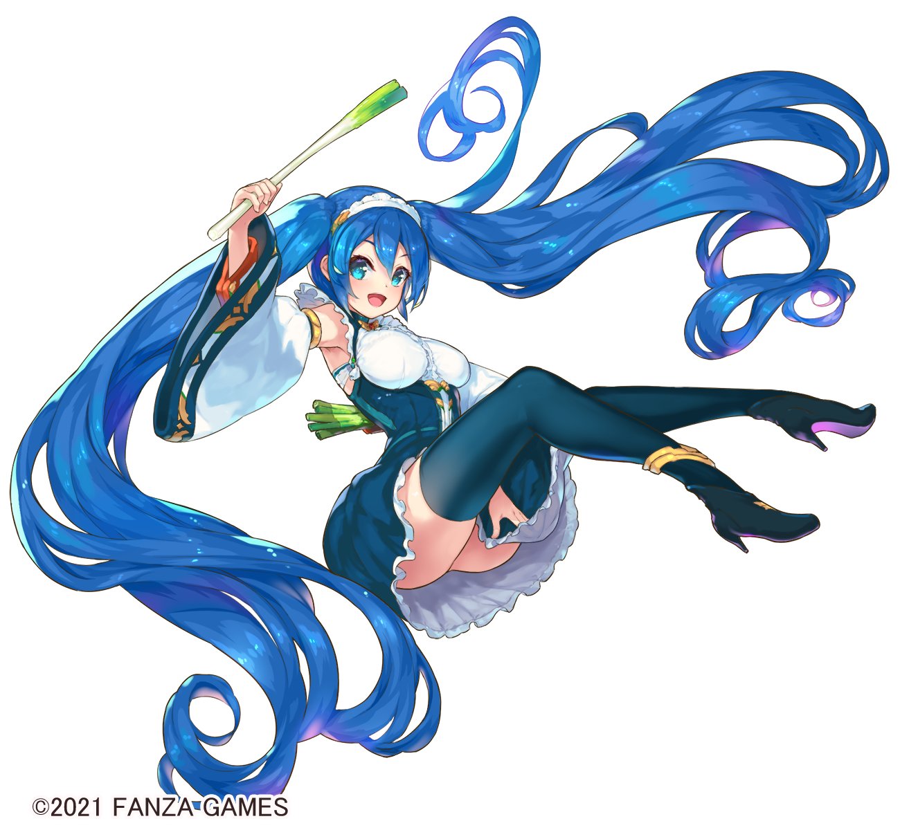 1girl anklet arm_up bangs blue_eyes blue_footwear blue_hair blue_legwear breasts character_request copyright copyright_name covering covering_crotch detached_sleeves dress floating floating_hair frilled_dress frills fruits_fulcute! hair_between_eyes high_heels highres holding jewelry kirikawa_ikumu large_breasts leek long_hair looking_at_viewer official_art open_mouth short_dress simple_background solo thigh-highs twintails very_long_hair white_background wide_sleeves