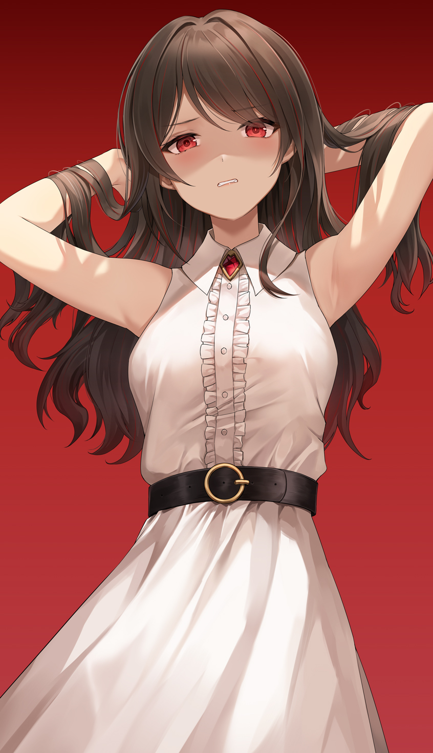 1girl armpits arms_up bangs bare_arms belt black_belt brown_hair dress eyebrows_visible_through_hair highres long_hair looking_at_viewer lunacle multicolored_hair original parted_lips red_background red_eyes redhead simple_background sleeveless solo streaked_hair white_dress