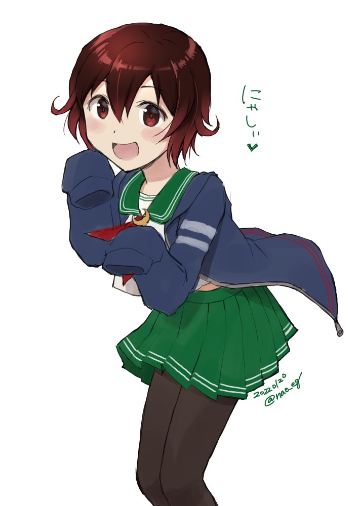 1girl brown_hair commentary_request cowboy_shot crescent crescent_pin gradient_hair green_sailor_collar green_skirt kantai_collection looking_at_viewer multicolored_hair mutsuki_(kancolle) mutsuki_kai_ni_(kancolle) nao_(nao_eg) neckerchief one-hour_drawing_challenge pantyhose paw_pose pleated_skirt red_neckerchief redhead sailor_collar school_uniform serafuku short_hair simple_background skirt sleeves_past_fingers sleeves_past_wrists solo white_background