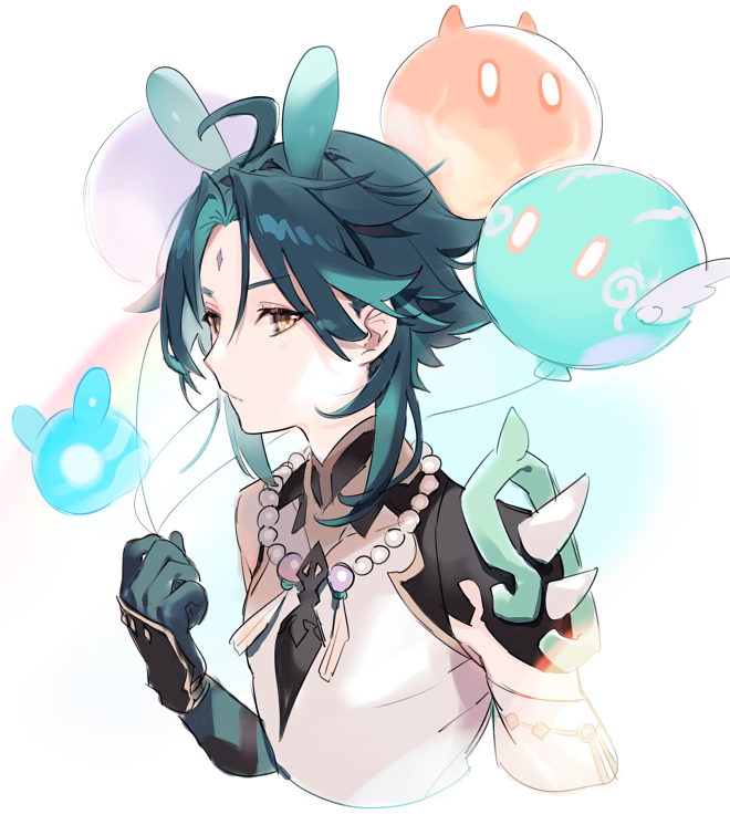 1boy ahoge animal_ears aqua_hair balloon bangs bead_necklace beads black_hair closed_mouth commentary_request cropped_torso facial_mark forehead_mark genshin_impact gloves holding holding_balloon jewelry male_focus multicolored_hair necklace sa9no seelie_(genshin_impact) simple_background slime_(genshin_impact) spikes tassel white_background xiao_(genshin_impact) yellow_eyes