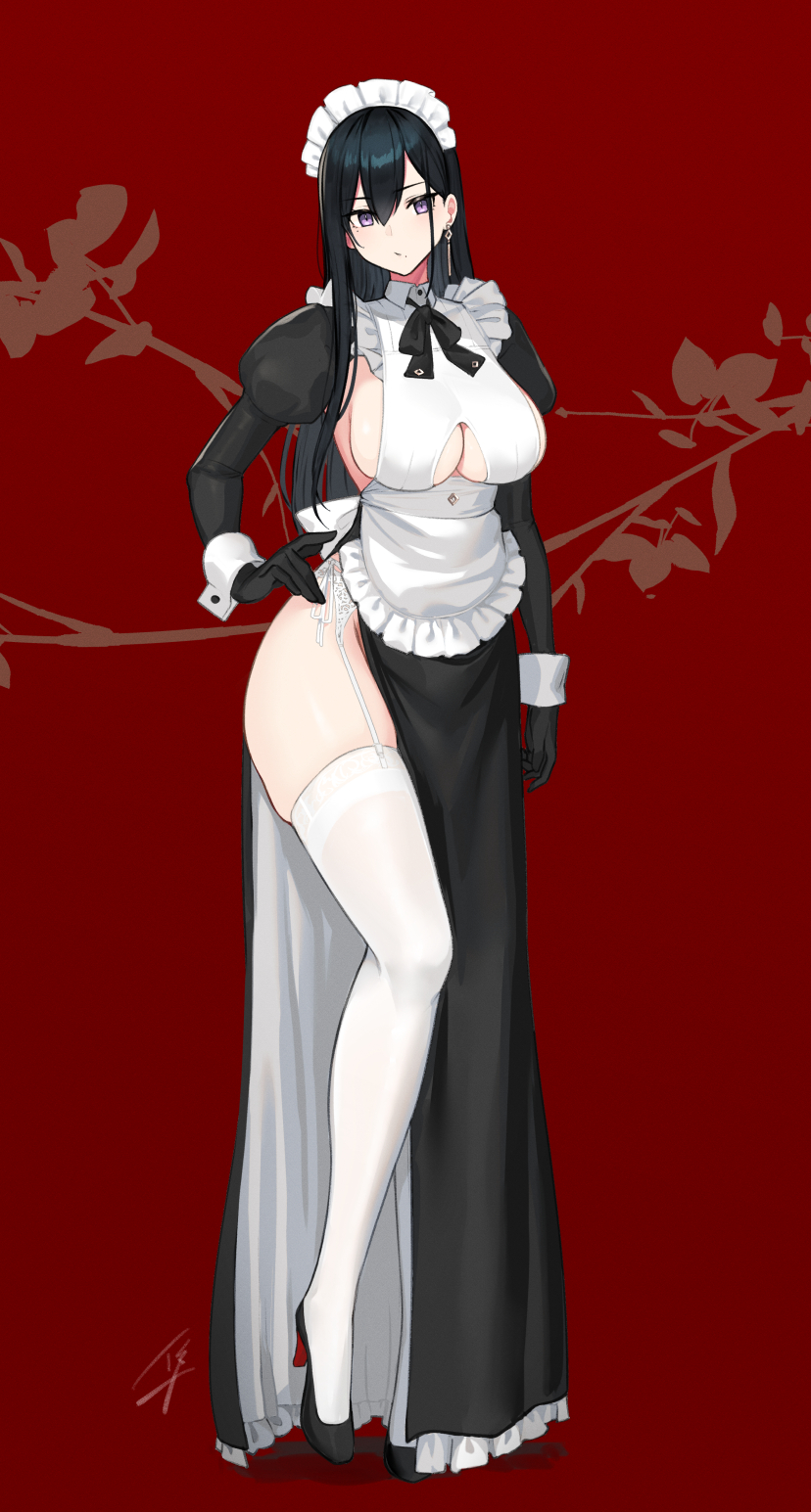 1girl apron bangs black_dress black_gloves black_hair breasts classy-black-haired_girl_(hayabusa) cleavage_cutout closed_mouth clothing_cutout curvy dress earrings frills full_body garter_belt gloves hand_on_hip hayabusa high_heels highres jewelry large_breasts long_hair long_legs long_sleeves looking_at_viewer maid_apron maid_headdress mole mole_under_mouth neck_ribbon original red_background ribbon side_slit sideboob single_earring single_thighhigh skindentation solo straight_hair symbol-only_commentary thigh-highs thighs violet_eyes white_legwear wrist_cuffs