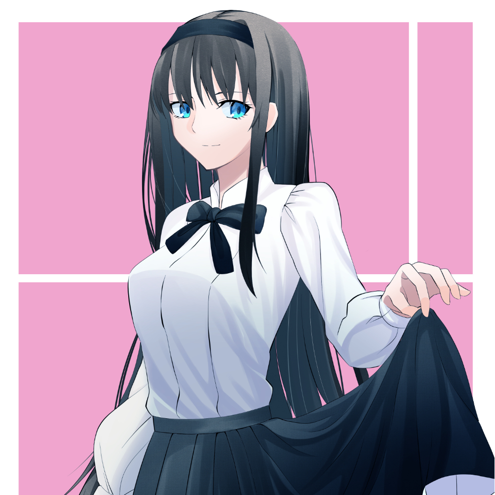 1girl bangs black_bow black_hair black_hairband black_skirt blue_eyes bow bowtie breasts closed_mouth commentary_request hairband long_hair long_sleeves looking_at_viewer medium_breasts pleated_skirt shirt sidelocks skirt skirt_hold smile solo tohno_akiha tsukihime tsukihime_(remake) ttumupen upper_body very_long_hair white_shirt