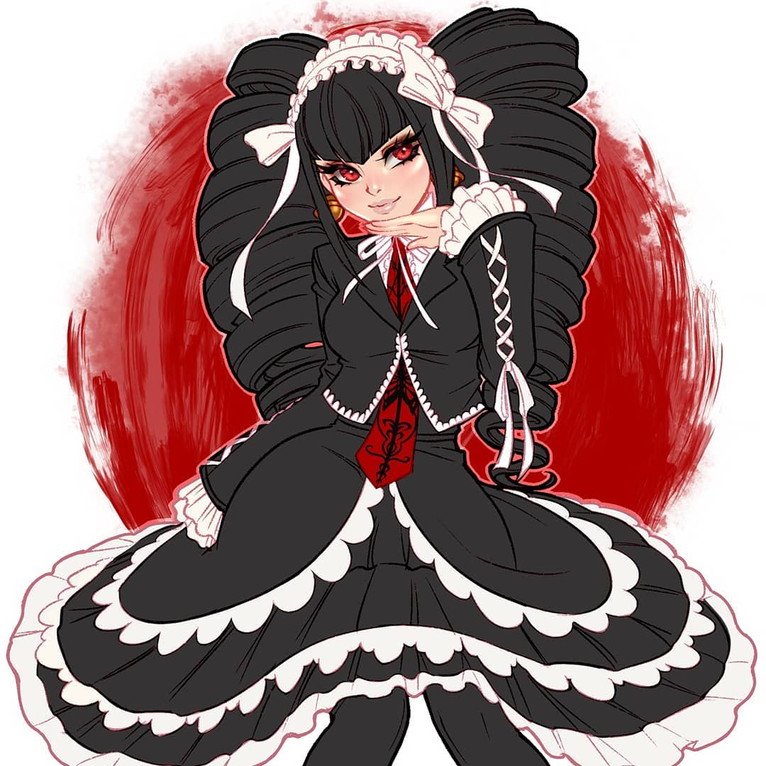 1girl bangs black_hair black_jacket black_legwear black_skirt blunt_bangs blushy-pixy bonnet breasts celestia_ludenberg center_frills claw_ring closed_mouth danganronpa:_trigger_happy_havoc danganronpa_(series) drill_hair earrings frills gothic_lolita hand_up jacket jewelry large_breasts layered_skirt lolita_fashion long_hair long_sleeves looking_at_viewer necktie red_background red_eyes red_necktie sitting skirt smile solo twin_drills twintails white_background