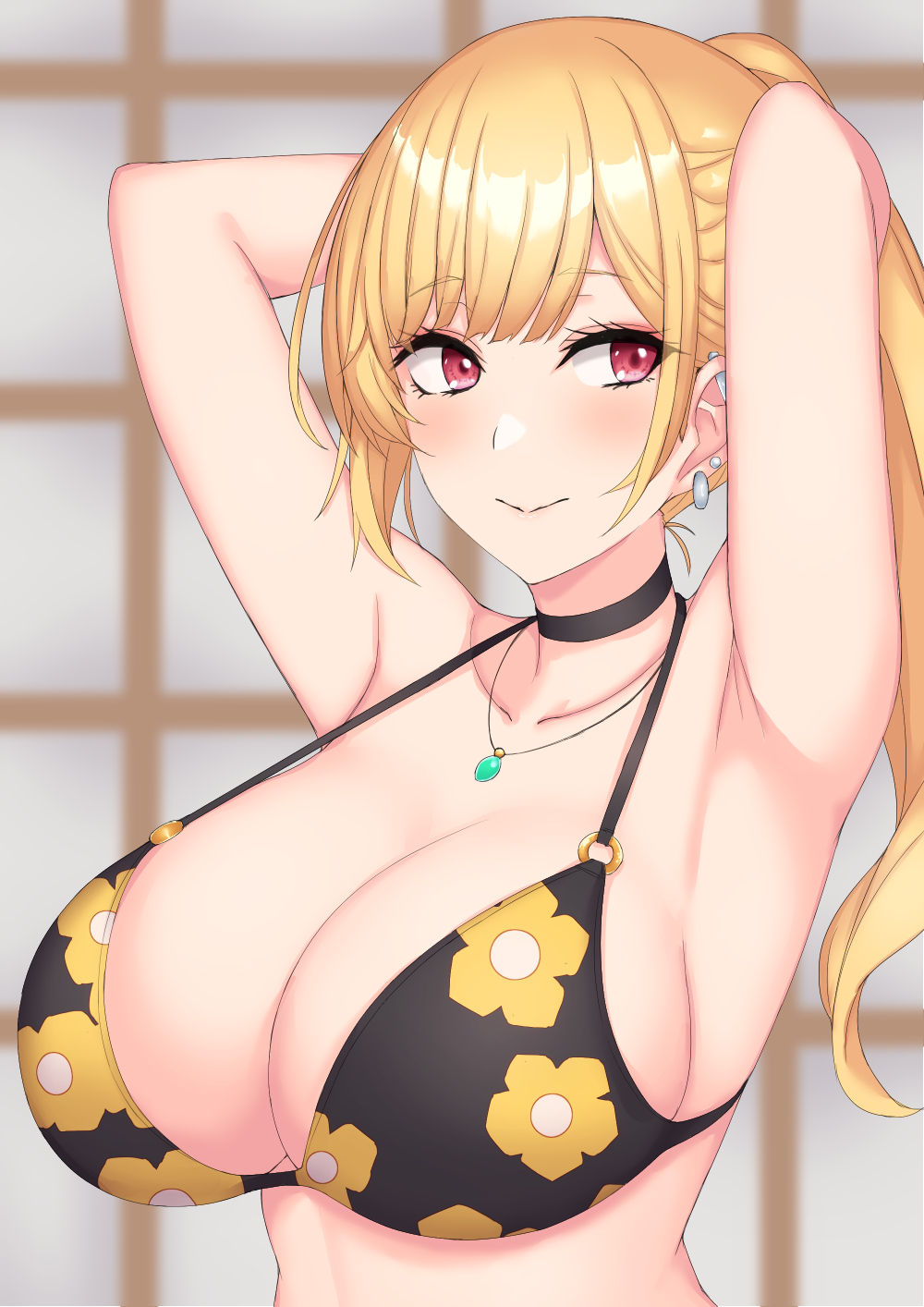 1girl bangs bare_shoulders bikini black_choker blonde_hair blue_eyes breasts choker colored_tips etan14 floral_print highres kitagawa_marin large_breasts long_hair multicolored_hair red_eyes redhead shouji sliding_doors sono_bisque_doll_wa_koi_wo_suru swimsuit upper_body