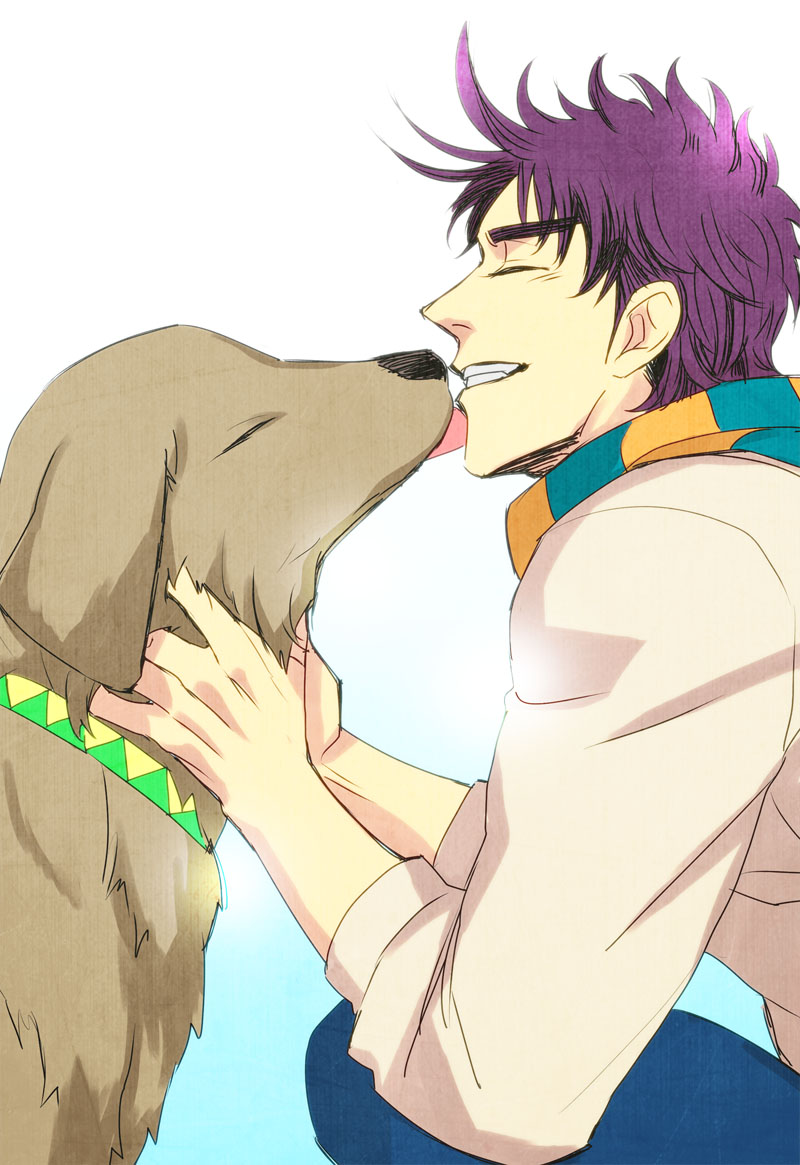 1boy alternate_costume animal battle_tendency blue_scarf casual collar dog jojo_no_kimyou_na_bouken joseph_joestar joseph_joestar_(young) kine_(warabi_mk501) licking licking_another's_face male_focus multicolored_clothes multicolored_scarf orange_scarf purple_hair scarf striped striped_scarf triangle_print