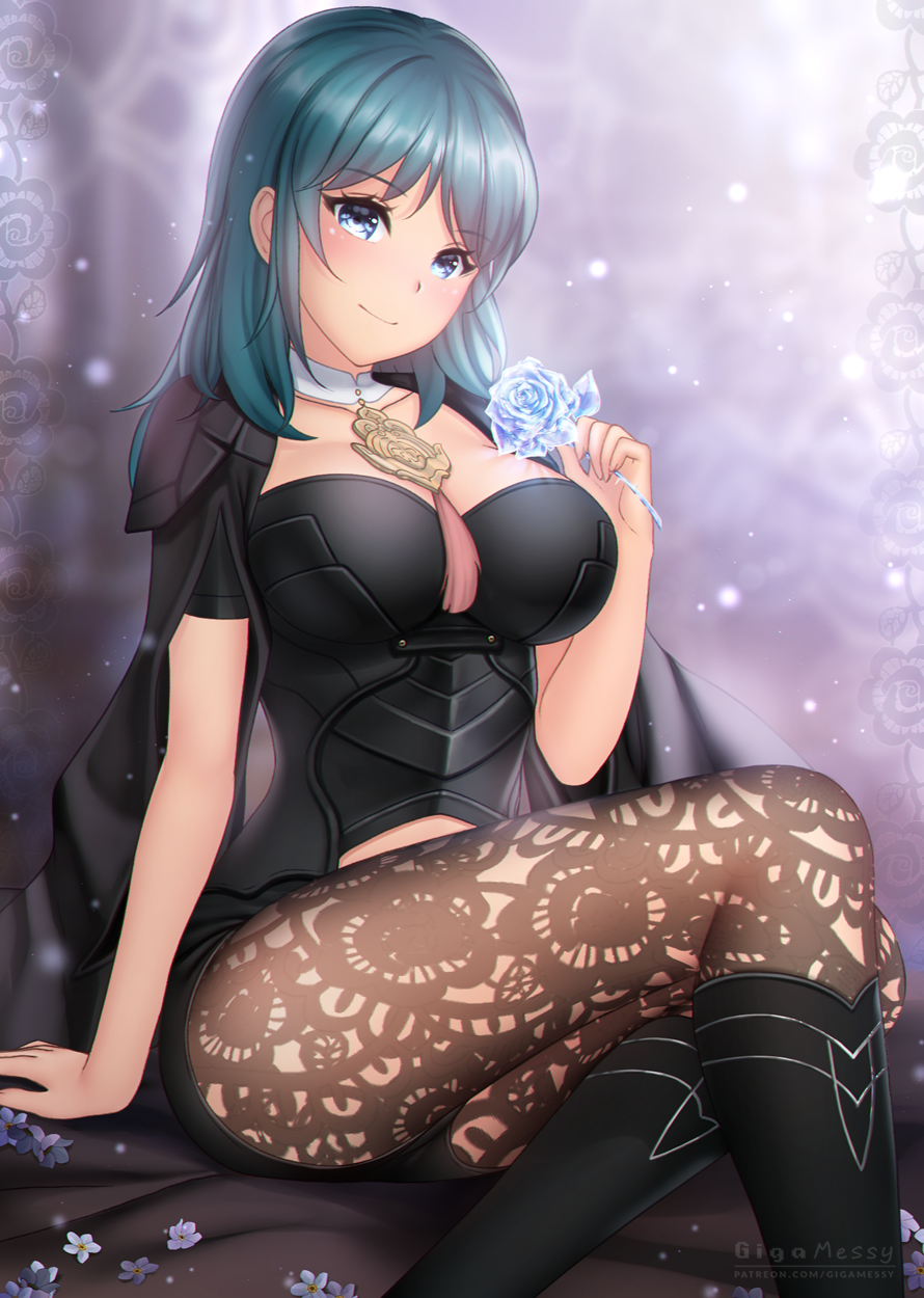 1girl arm_support bangs black_footwear black_shirt blue_eyes blue_flower blue_hair blue_rose boots breasts byleth_(fire_emblem) byleth_eisner_(female) commentary eyebrows_visible_through_hair feet_out_of_frame fire_emblem fire_emblem:_three_houses flower gigamessy hand_up highres holding holding_flower large_breasts long_hair looking_at_viewer pantyhose rose shirt short_sleeves sitting smile solo thighs