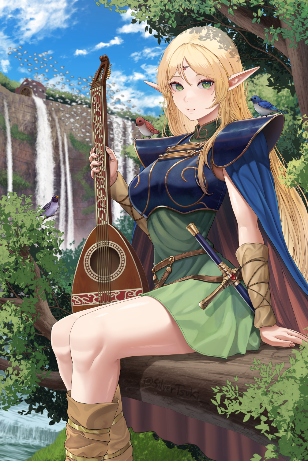 1girl armor blonde_hair blue_cape cape circlet deedlit elf green_eyes highres instrument long_hair outdoors pointy_ears record_of_lodoss_war shoulder_armor silvertsuki sitting smile solo very_long_hair