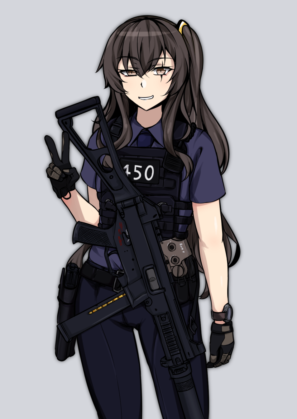 1girl alternate_costume armor bangs belt black_gloves black_pants blue_shirt brown_eyes brown_hair eyebrows_visible_through_hair feet_out_of_frame girls_frontline gloves gun h&amp;k_ump45 hair_ornament hairclip handgun highres holster holstered_weapon index_finger_raised long_hair looking_at_viewer mosa331 open_mouth pants pistol scar scar_across_eye shirt side_ponytail simple_background smile solo standing teeth ump45_(girls'_frontline) v watch weapon