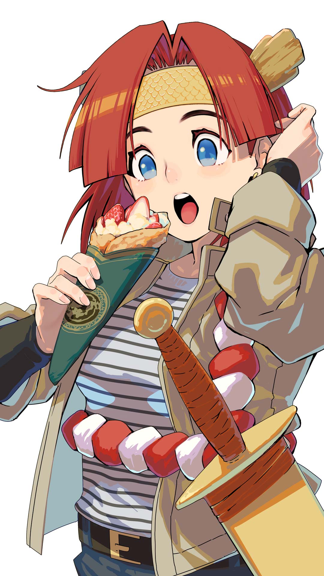 1girl bangs belt blue_eyes crepe earrings food fruit ghost_sweeper_mikami headband highres holding holding_food jewelry open_mouth parted_bangs redhead sheath shiomiya_iruka shirt short_hair shoryuki solo strawberry striped striped_shirt sword teeth upper_body weapon white_background