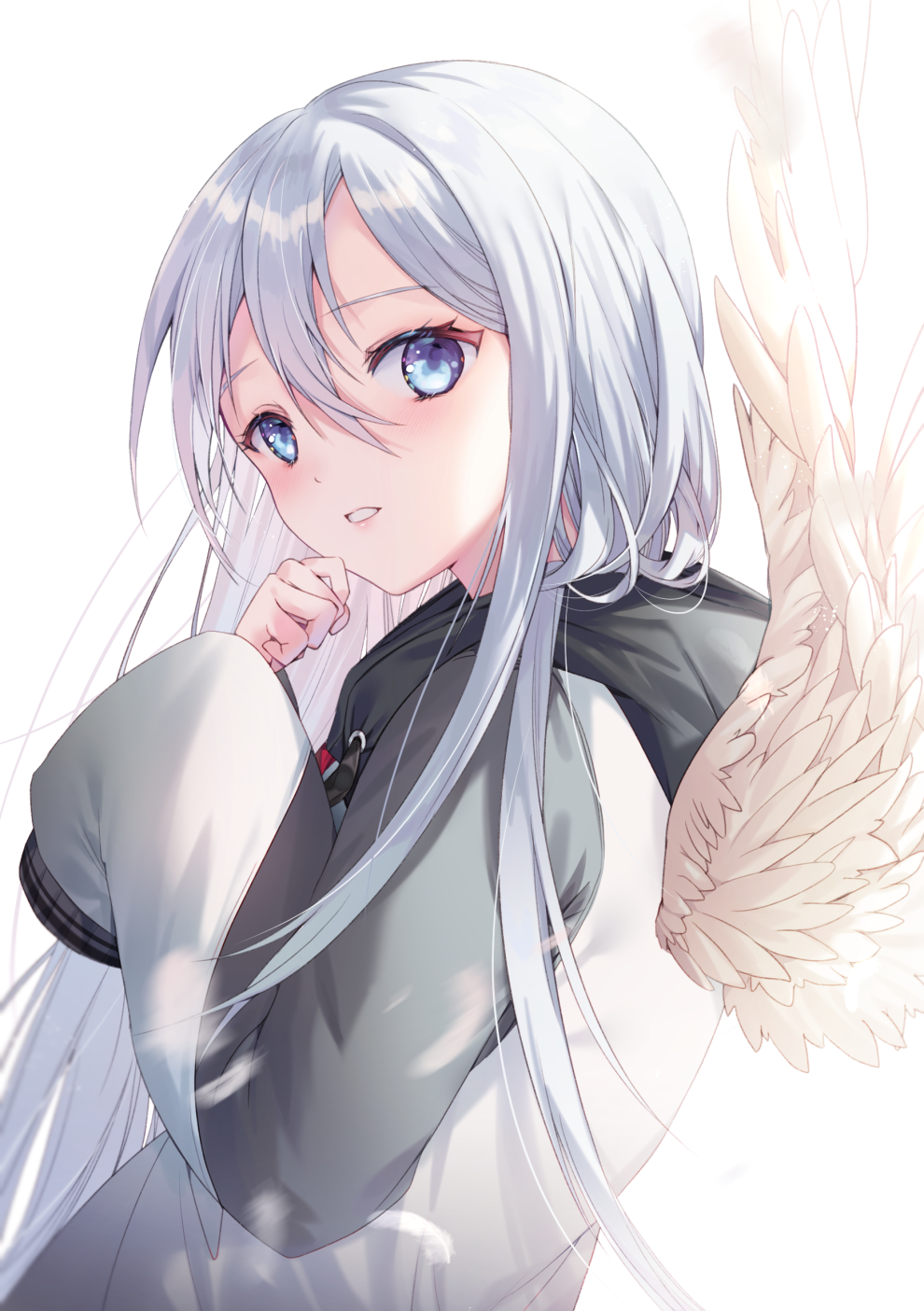 1girl bangs blue_eyes blush commentary_request dabi_(dabibubi) drawstring eyebrows_visible_through_hair feathered_wings from_side hair_between_eyes hands_up head_tilt highres hood hood_down hoodie long_sleeves looking_at_viewer looking_to_the_side parted_lips project_sekai silver_hair simple_background sleeves_past_fingers sleeves_past_wrists solo upper_body white_background white_hoodie white_wings wings yoisaki_kanade