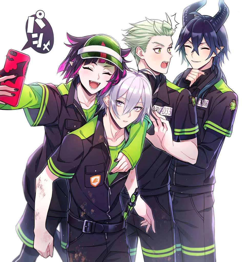 4boys black_hair blue_hair closed_eyes deretta fangs green_eyes green_hair grey_eyes grey_hair horns lilia_vanrouge long_sleeves malleus_draconia multicolored_hair multiple_boys nail_polish pale_skin phone pink_hair pointy_ears sebek_zigvolt selfie silver_(twisted_wonderland) smile smirk sweatshirt twisted_wonderland visor_cap