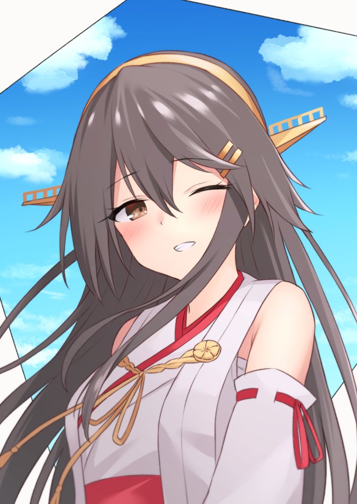 1girl ;) akahi242 anniversary bare_shoulders blush brown_eyes detached_sleeves grey_hair hair_ornament hairclip haruna_(kancolle) haruna_(kantai_collection) headgear kantai_collection long_hair looking_at_viewer nontraditional_miko one_eye_closed remodel_(kantai_collection) smile solo upper_body