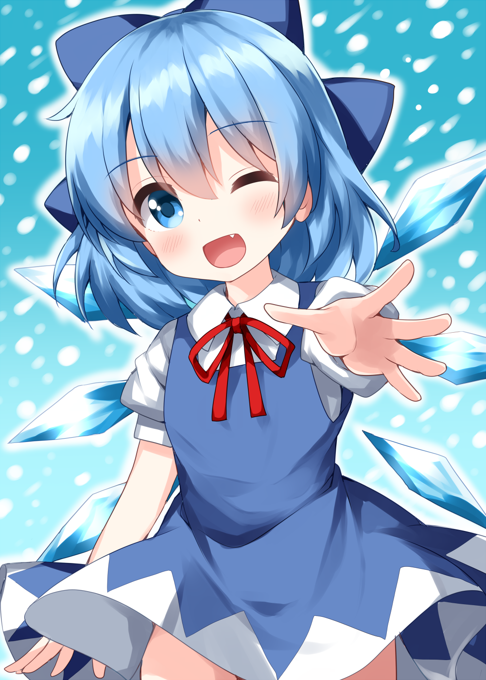 1girl blue_bow blue_dress blue_eyes blue_hair blush bow cirno collared_shirt cowboy_shot detached_wings dress eyebrows_visible_through_hair fairy fang hair_between_eyes hair_bow highres ice ice_wings one_eye_closed open_mouth puffy_short_sleeves puffy_sleeves ruu_(tksymkw) shirt short_hair short_sleeves smile solo touhou white_shirt wings