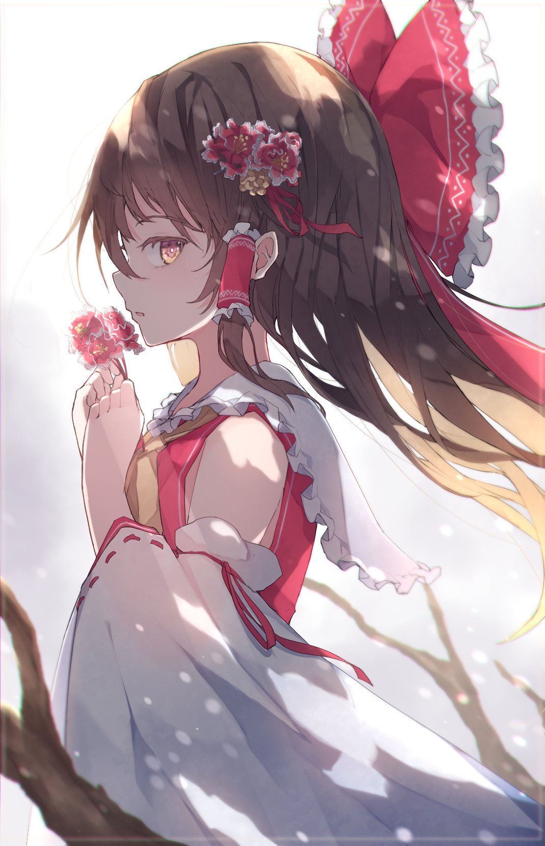 1girl ascot bangs bare_shoulders bow branch breasts brown_eyes brown_hair chiroru_(cheese-roll) collared_dress detached_sleeves dress eyebrows_visible_through_hair flower frills from_side grey_sky hair_between_eyes hair_bow hair_flower hair_ornament hair_ribbon hair_tubes hakurei_reimu hands_up highres light long_hair long_sleeves looking_at_viewer open_mouth pink_flower red_bow red_dress red_ribbon ribbon shadow sky small_breasts solo touhou white_sky wide_sleeves yellow_ascot