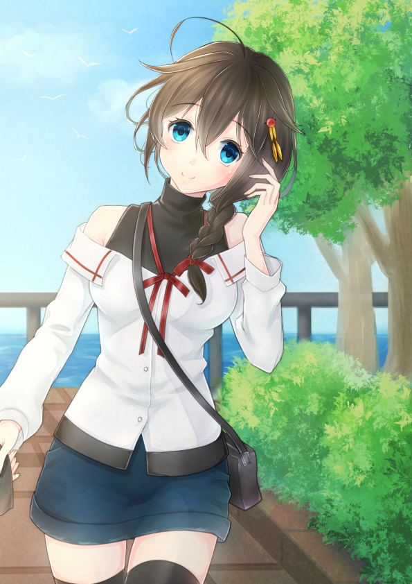 1girl ahoge bag bare_shoulders black_hair black_legwear blue_eyes blue_skirt braid casual eyebrows_visible_through_hair hair_between_eyes hair_flaps hair_ornament hair_over_shoulder handbag kantai_collection long_hair looking_at_viewer neck_ribbon off_shoulder official_alternate_costume red_neckwear remodel_(kantai_collection) ribbon seseriri723 shigure_(kancolle) single_braid skirt smile solo thigh-highs