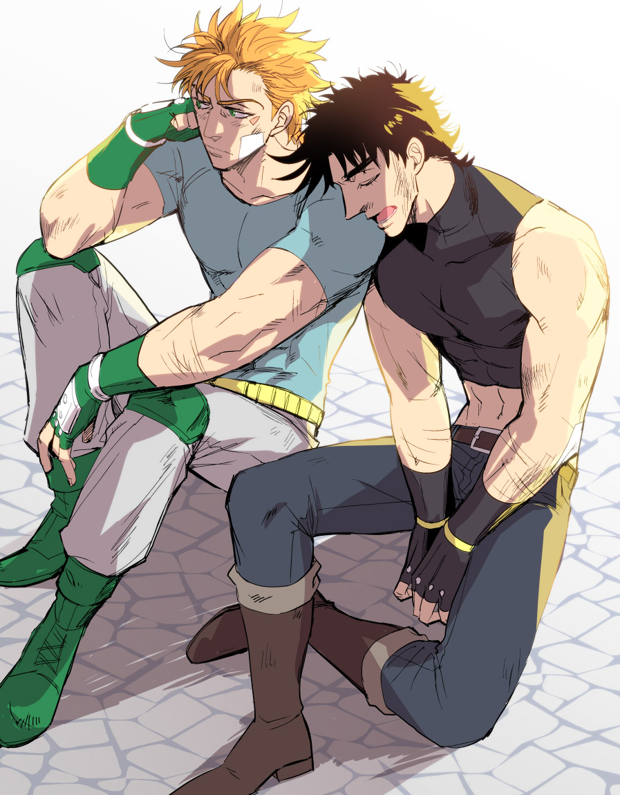 2boys bandage_on_face bandages bare_shoulders battle_tendency blonde_hair boots brown_hair caesar_anthonio_zeppeli crop_top elbow_rest feather_hair_ornament feathers fingerless_gloves gloves green_eyes hair_ornament hand_on_own_cheek hand_on_own_face head_rest headband jojo_no_kimyou_na_bouken joseph_joestar joseph_joestar_(young) kine_(warabi_mk501) knee_boots knee_pads leaning_on_person midriff multiple_boys sleeping triangle_print