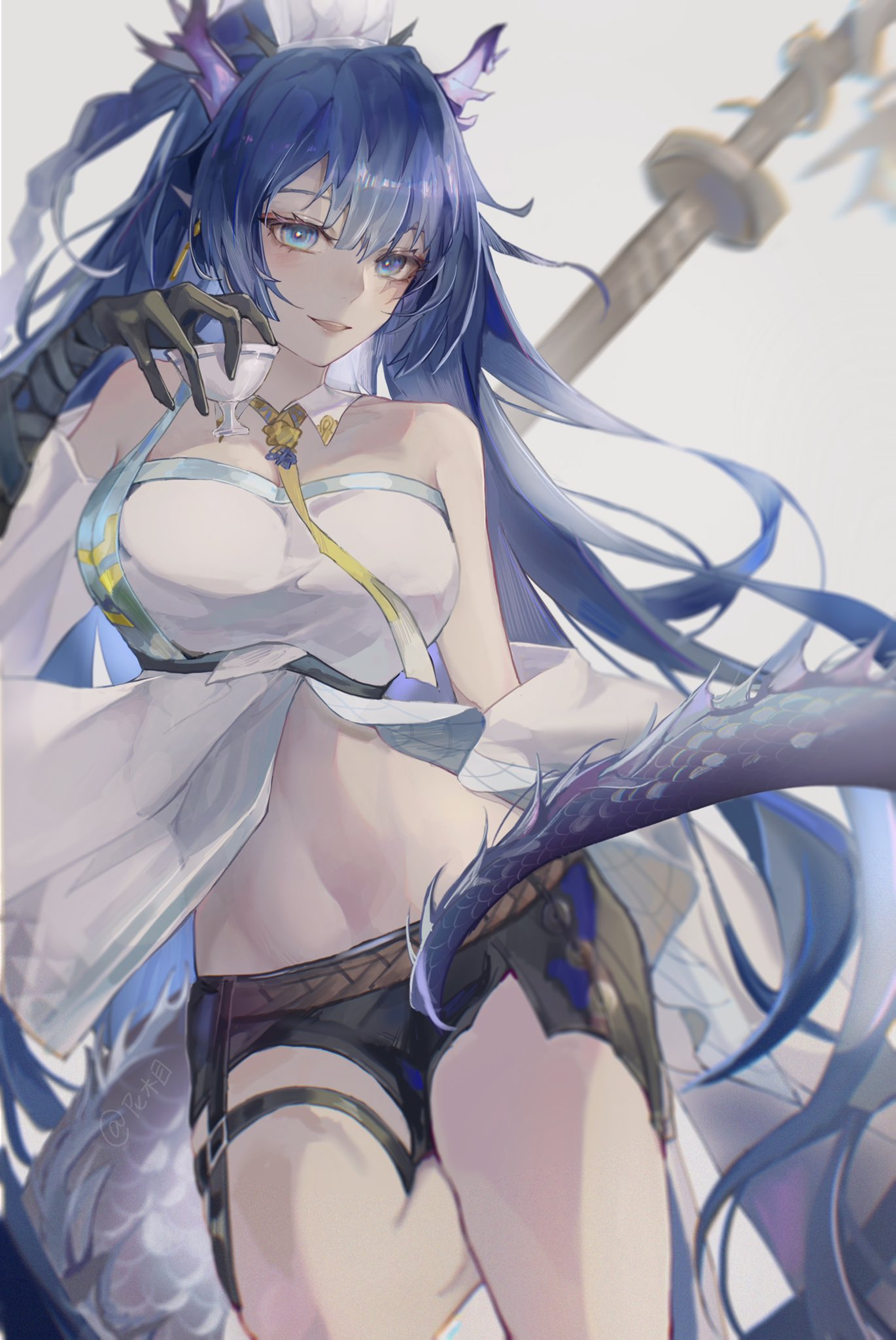 1girl :d arknights bangs bare_shoulders black_gloves black_skirt blue_eyes blue_hair blush braid breasts cup detached_collar dragon_girl dragon_horns dragon_tail earrings elbow_gloves eyebrows_behind_hair gloves highres holding holding_cup horns jewelry large_breasts leg_up ling_(arknights) long_hair looking_at_viewer miniskirt navel necktie nininisama off_shoulder open_mouth pointy_ears revealing_clothes signature simple_background skirt smile solo staff tail thigh_strap very_long_hair white_background yellow_necktie