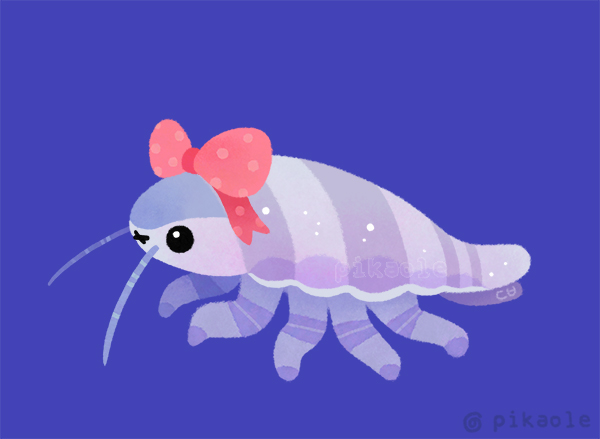 animal animal_focus antennae artist_name black_eyes blue_background bow closed_mouth commentary_request crustacean isopod no_humans original pikaole pink_bow polka_dot polka_dot_bow simple_background watermark