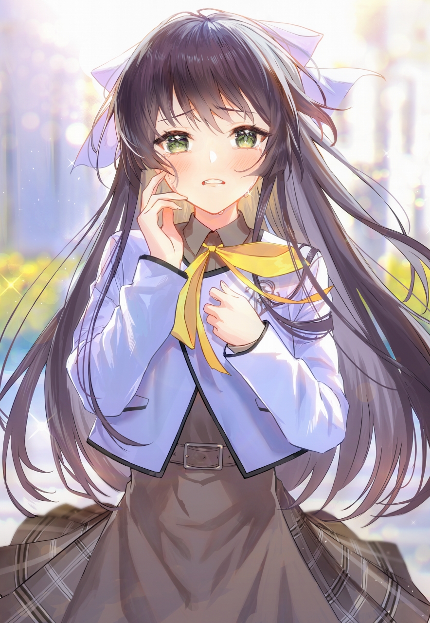 1girl bangs belt belt_buckle black_hair blurry blurry_background blush bow buckle character_request collared_shirt day eyebrows_visible_through_hair floating_hair green_eyes grey_belt grey_shirt grey_skirt hair_bow haru_(hiyori-kohal) highres jacket long_hair long_skirt long_sleeves looking_at_viewer multicolored_hair neck_ribbon open_mouth outdoors plaid plaid_skirt pleated_skirt ribbon shirt silver_hair skirt solo standing two-tone_hair very_long_hair white_bow white_jacket wing_collar yellow_ribbon
