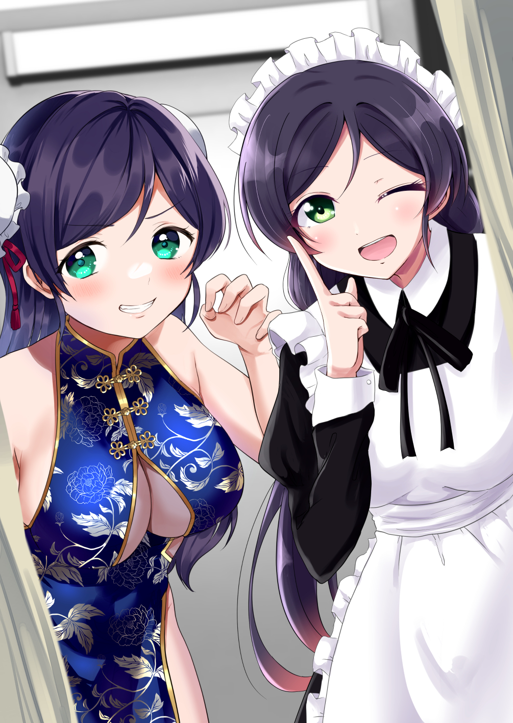 2girls ;d alternate_costume apron black_neckwear black_ribbon blue_dress breasts china_dress chinese_clothes cleavage_cutout clenched_teeth clothing_cutout commentary_request double_bun dress dual_persona enmaided eyebrows_visible_through_hair floral_print green_eyes highres index_finger_raised kazepana large_breasts long_hair looking_at_viewer love_live! love_live!_school_idol_project maid maid_headdress multiple_girls one_eye_closed print_dress purple_hair ribbon sleeveless sleeveless_dress smile teeth toujou_nozomi underboob_cutout white_apron