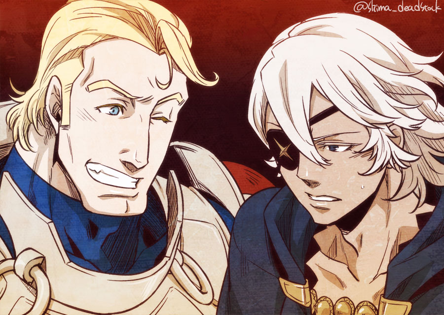 2boys armor arthur_(fire_emblem) bangs blonde_hair blue_eyes clenched_teeth eyepatch fire_emblem fire_emblem_fates grey_hair medium_hair multiple_boys niles_(fire_emblem) one_eye_closed shima_deadstock teeth turtleneck upper_body