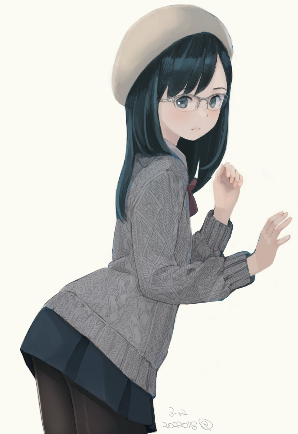 1girl beige_background black_hair blue_eyes blue_hair blue_skirt blush brown_headwear closed_mouth fingernails glasses grey-framed_eyewear grey_sweater hat highres kokudou_juunigou long_hair multicolored_hair original pantyhose red_neckwear signature simple_background skirt solo streaked_hair sweater