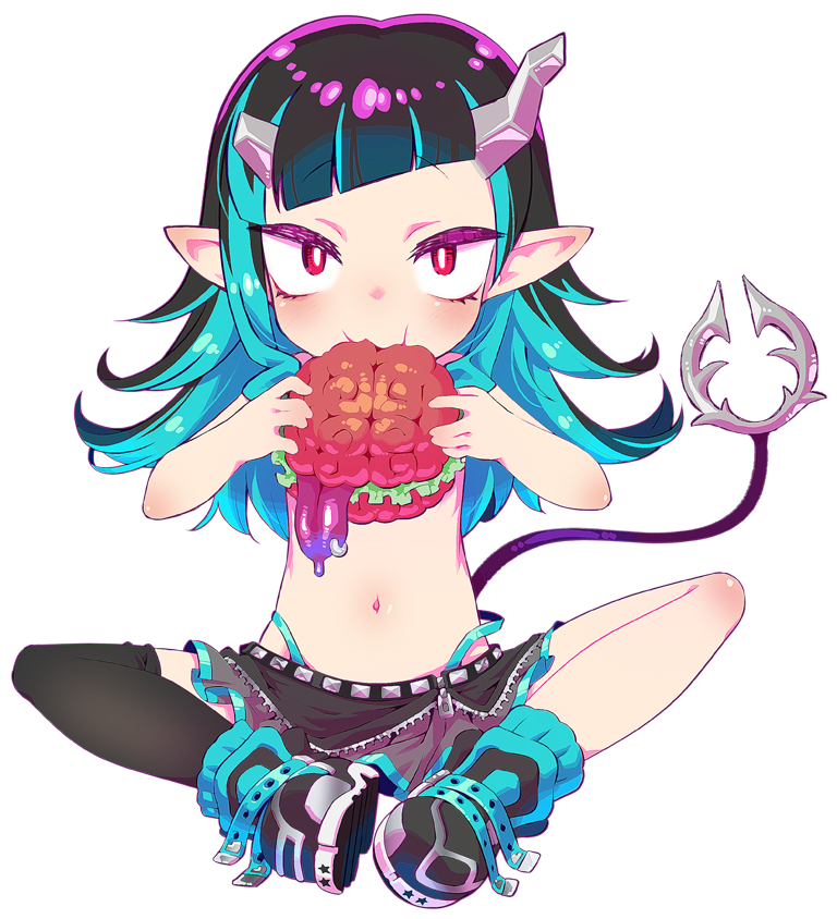 1girl bangs black_footwear black_hair black_legwear black_skirt blue_hair blue_legwear blue_panties brain chaki_(teasets) commentary_request demon_girl demon_horns demon_tail eating eyebrows_visible_through_hair food full_body grey_skirt highleg highleg_panties holding holding_food horns layered_skirt lettuce long_hair looking_at_viewer multicolored_hair navel no_gloves no_jacket panties pointy_ears red_eyes shishio_chris shoes simple_background single_thighhigh sitting skirt sneakers socks solo sugar_lyric tail thigh-highs tongue transparent_background two-tone_hair underwear virtual_youtuber zipper_skirt