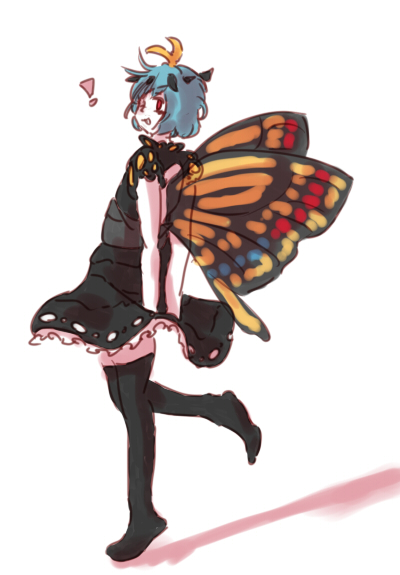 ! 1girl adapted_costume antennae aqua_hair bad_id bad_pixiv_id black_dress black_legwear blush butterfly_wings dress eternity_larva fairy full_body leaf leaf_on_head one_eye_closed open_mouth red_eyes short_hair short_sleeves simple_background single_strap skyw solo thigh-highs third-party_source touhou white_background wings