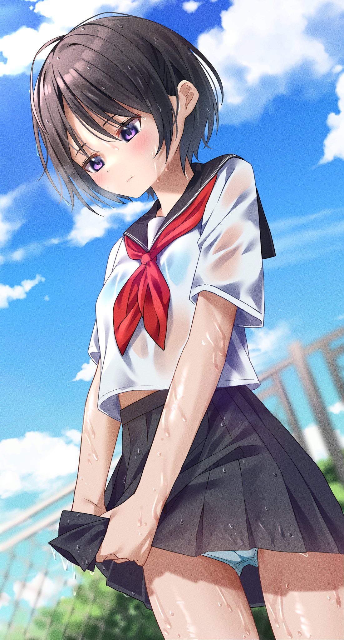 1girl bangs black_sailor_collar black_skirt blue_panties blue_sky blush bra_visible_through_clothes brown_hair clouds cowboy_shot day hair_between_eyes highres kiona_(giraffe_kiona) looking_down miniskirt neckerchief original outdoors panties pantyshot pleated_skirt red_neckerchief sailor_collar sailor_shirt school_uniform serafuku shiny shiny_hair shiny_skin shirt short_hair short_sleeves skirt sky solo standing thigh_gap underwear violet_eyes wet wet_clothes wet_shirt wet_skirt white_shirt wringing_clothes wringing_skirt