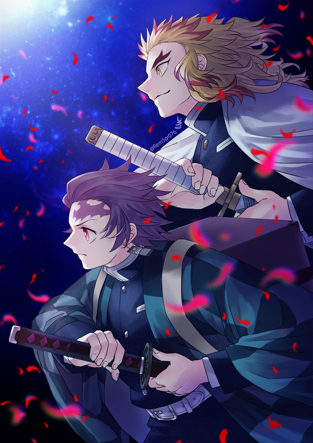 2boys bangs belt belt_buckle black_jacket black_pants blonde_hair box buckle buttons cape checkered closed_mouth commentary_request crossed_arms dark_background feet_out_of_frame from_side haori highres jacket japanese_clothes kamado_tanjirou katana kimetsu_no_yaiba leaf long_hair long_sleeves looking_to_the_side male_focus multicolored_hair multiple_boys pants petals ponytail redhead remsor076 rengoku_kyoujurou scabbard sheath sheathed signature smile sword twitter_username two-tone_hair uniform weapon white_belt white_cape yellow_eyes