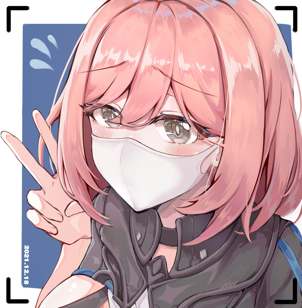 1girl 2021 bangs black_jacket blue_background blush bob_cut border close-up grey_eyes honkai_(series) honkai_impact_3rd jacket looking_at_viewer mask medium_hair mouth_mask pink_hair ryouya_(ryoya) selfie short_sleeves simple_background solo sweatdrop timido_cute v white_border