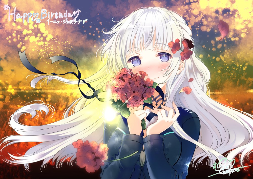 1girl bangs blue_eyes blue_jacket blush bouquet breasts character_name commission eyebrows_visible_through_hair floating_hair flower hair_behind_ear hair_flower hair_ornament happy_birthday head_tilt holding holding_bouquet inia_sestina jacket looking_at_viewer medium_breasts moo_(umineko) muvluv muvluv_alternative muvluv_total_eclipse red_flower silver_hair skeb_commission solo sunset