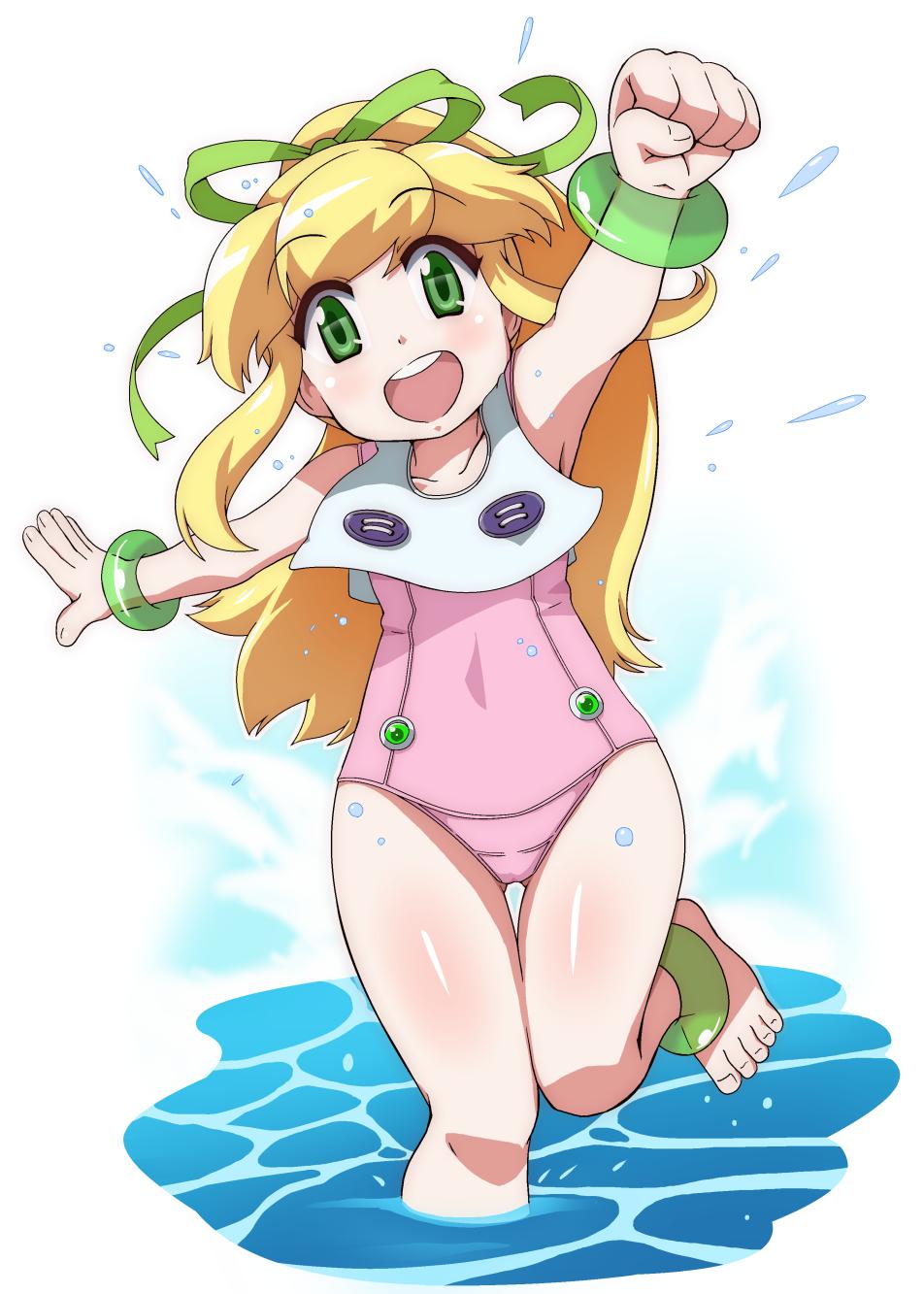 1girl barefoot blonde_hair feet green_eyes green_ribbon hair_ribbon highres jewelry ki_(adotadot) long_hair looking_at_viewer mega_man_(classic) mega_man_(series) open_mouth ponytail ribbon roll_(mega_man) smile solo swimsuit water