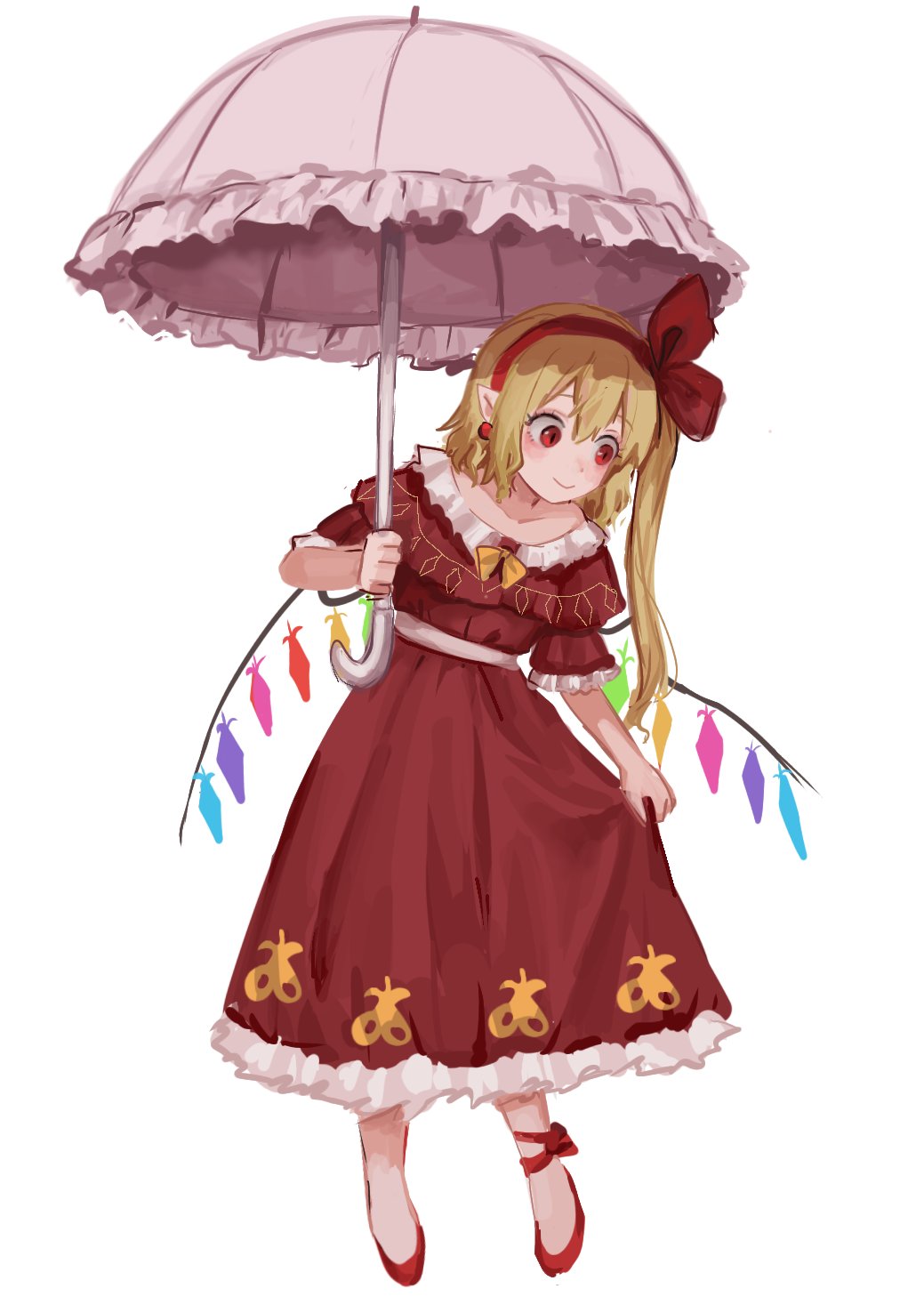 1girl adapted_costume blonde_hair bow collarbone dress eyelashes flandre_scarlet hair_bow hairband highres himuhino medium_hair no_hat no_headwear one_side_up parasol pointy_ears puffy_short_sleeves puffy_sleeves red_bow red_dress red_eyes red_footwear red_hairband shirt short_sleeves simple_background solo touhou umbrella white_background white_shirt