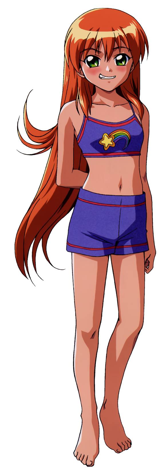 1990s_(style) 1girl akai_homura arm_behind_back bangs barefoot blue_swimsuit blush eyebrows_visible_through_hair full_body green_eyes grin highres kokura_masashi long_hair looking_at_viewer navel non-web_source official_art orange_hair rainbow_print retro_artstyle simple_background smile solo standing star_(symbol) star_print swimsuit tokimeki_memorial tokimeki_memorial_2 white_background