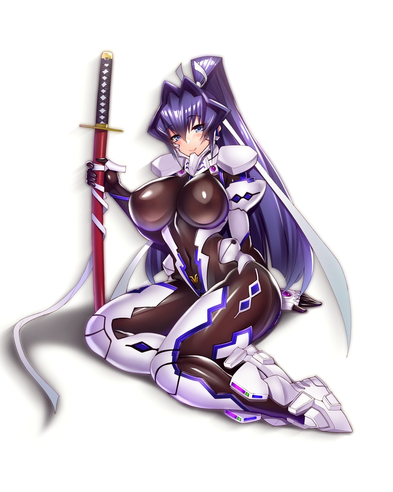 1girl bangs blush breasts commission covered_navel eyebrows_visible_through_hair fortified_suit hair_intakes holding holding_sword holding_weapon huge_breasts katana long_hair looking_at_viewer mitsurugi_meiya muvluv muvluv_alternative sitting skeb_commission skin_tight smile solo sword takeda_aranobu very_long_hair weapon white_background