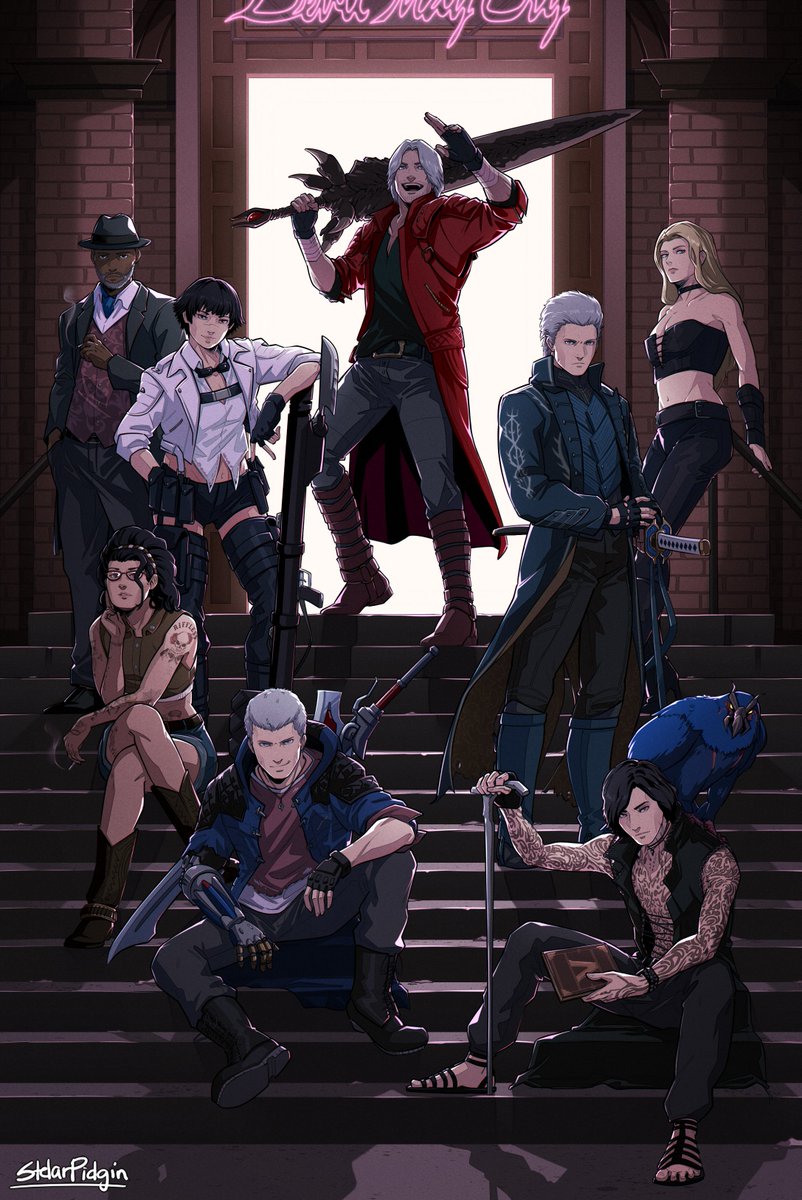 3girls 5boys arm_tattoo blue_coat boots cane coat dante_(devil_may_cry) devil_may_cry_(series) devil_may_cry_5 devil_sword_dante doorway fingerless_gloves full-body_tattoo gloves griffon_(devil_may_cry_5) highres holding holding_cane kalina_ann_(weapon) lady_(devil_may_cry) mechanical_arms multiple_boys multiple_girls neon_lights nero_(devil_may_cry) nico_(devil_may_cry) over_shoulder red_queen_(sword) sandals single_mechanical_arm stairs stelarpidgin sword tattoo trish_(devil_may_cry) v_(devil_may_cry) vergil_(devil_may_cry) weapon weapon_over_shoulder yamato_(sword)