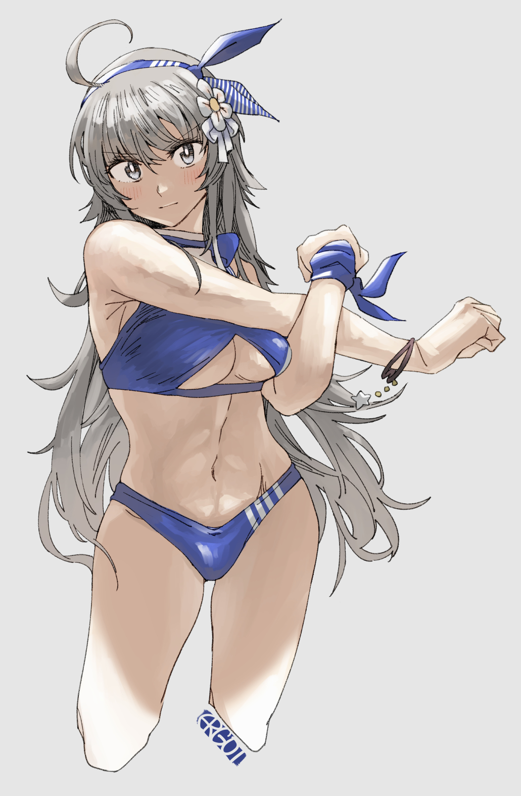1girl ahoge bikini blue_bikini blue_eyes blush breasts closed_mouth cropped_legs crossed_arms ergot flower grey_background grey_hair hair_flower hair_ornament headband highres kantai_collection large_breasts long_hair messy_hair navel official_alternate_costume simple_background solo swimsuit washington_(kancolle)