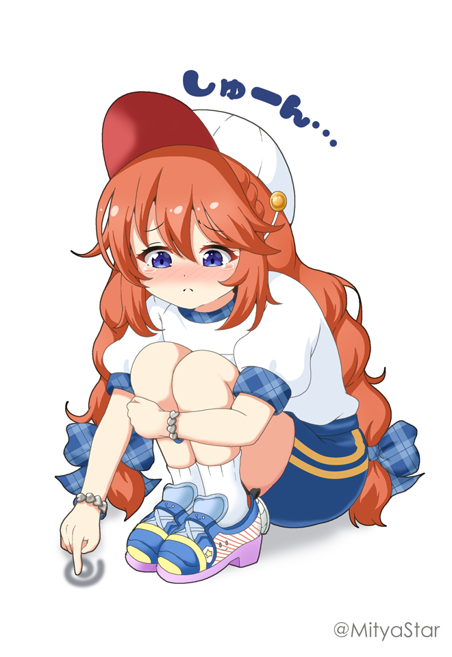 1girl bangs baseball_cap blue_bow blue_shorts blush bow braid brown_hair closed_mouth commentary_request eyebrows_visible_through_hair full_body gym_shirt gym_shorts gym_uniform hair_between_eyes hair_bow hat hugging_own_legs long_hair mitya nose_blush plaid plaid_bow princess_connect! puffy_short_sleeves puffy_sleeves shadow shirt shoes short_shorts short_sleeves shorts socks solo squatting tears translation_request twin_braids twintails twitter_username very_long_hair violet_eyes white_background white_headwear white_legwear white_shirt yuni_(princess_connect!)
