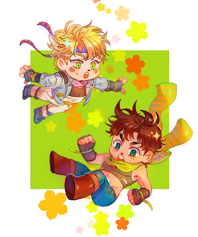 2boys battle_tendency blonde_hair blue_jacket blush caesar_anthonio_zeppeli chibi crop_top denim facial_mark falling feather_hair_ornament feathers fingerless_gloves gloves green_eyes green_scarf hair_ornament headband homil22 jacket jeans jojo_no_kimyou_na_bouken joseph_joestar joseph_joestar_(young) knee_pads male_focus midriff multiple_boys pants pink_scarf scarf striped striped_scarf triangle_print