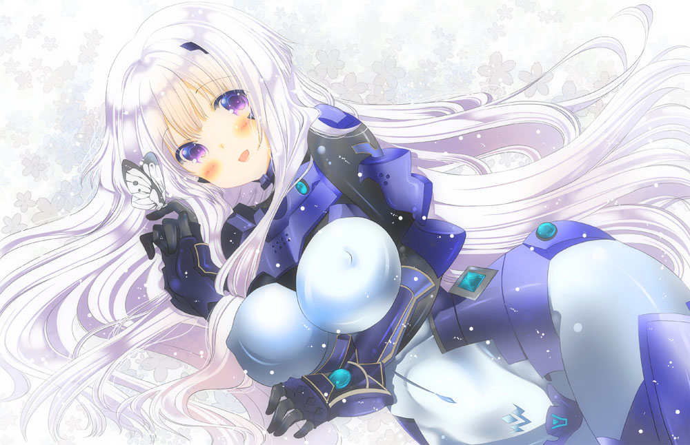 1girl blush breasts bug butterfly commission covered_navel covered_nipples eyebrows_visible_through_hair fortified_suit inia_sestina large_breasts long_hair lying moo_(umineko) muvluv muvluv_alternative muvluv_total_eclipse on_side open_mouth pilot_suit silver_hair skeb_commission skin_tight smile solo very_long_hair violet_eyes white_butterfly