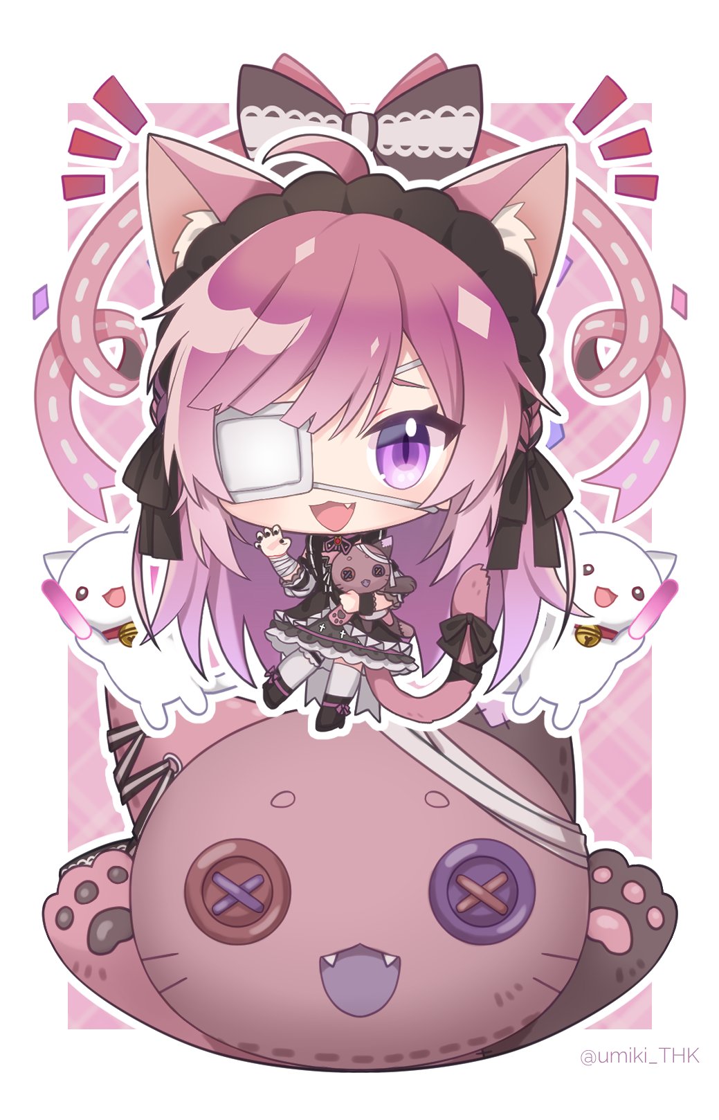 :3 animal_ears artist_name bandaged_arm bandages bangs bell black_ribbon bow braid button_eyes cat cat_ears cat_tail confetti eyepatch fang frilled_hairband frills garcon_meteor garter_belt glowstick gothic_lolita hair_bow hairband heterochromia high_heels highres holding_glowstick indie_virtual_youtuber kneehighs lace_bow lolita_fashion long_hair medical_eyepatch mikeneko_(utaite) miniskirt multicolored_background nail_polish neck_bell neck_ribbon niconico open_mouth plaid pon-chan_(mikeneko) red_eyes ribbon side_braid sidelocks simple_background skirt smile socks stitches stuffed_animal stuffed_toy tail tail_ornament tail_ribbon twitter_username violet_eyes white_background white_cat wrist_cuffs