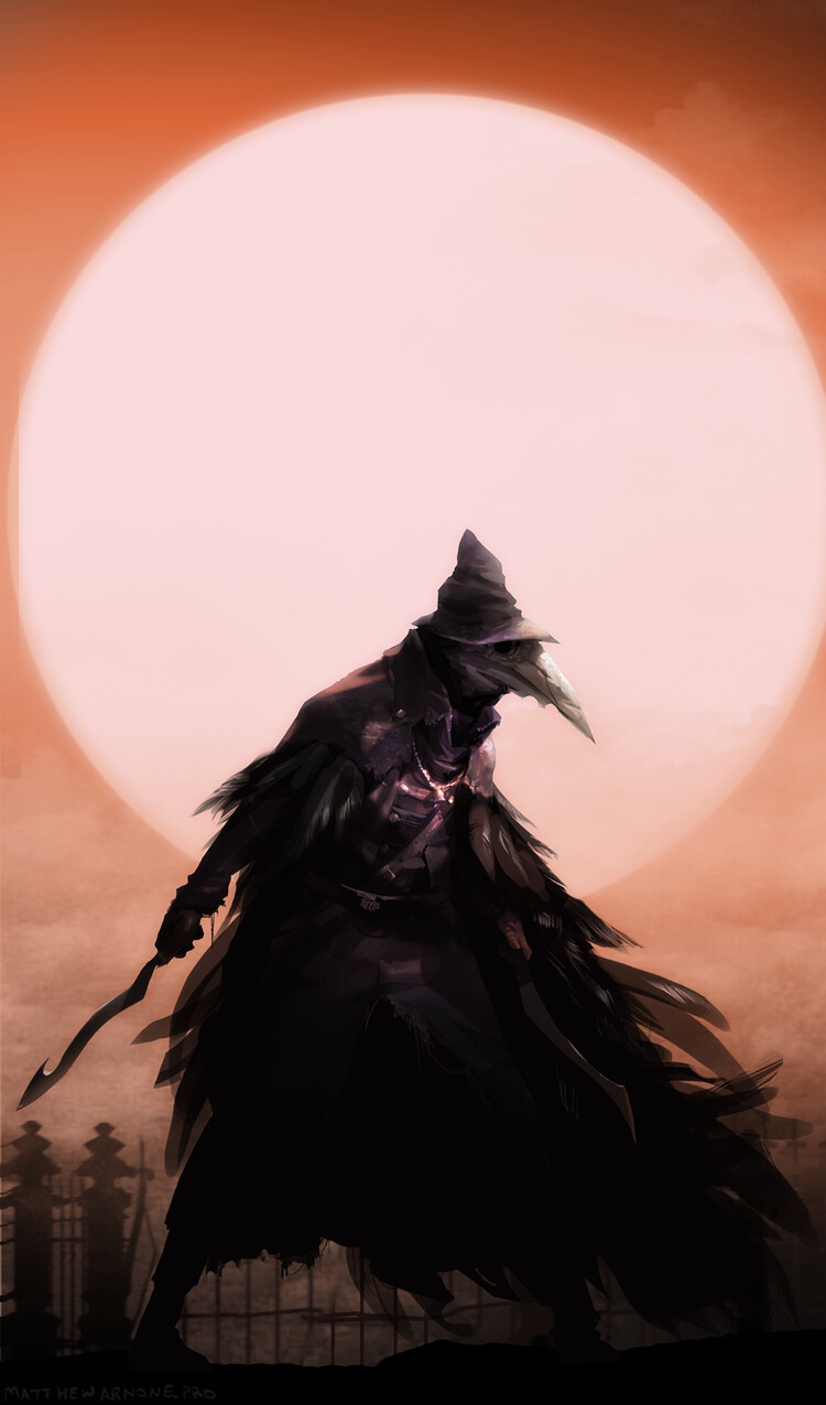 1girl bird bloodborne coat crow dawn eileen_the_crow feather-trimmed_coat feathers hat highres holding holding_sword holding_weapon moon msarnone plague_doctor_mask solo sword weapon