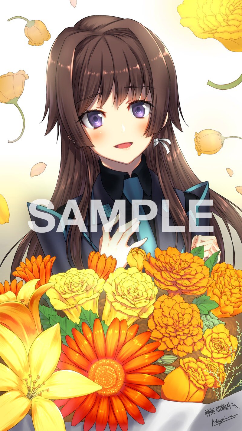 1girl black_shirt blue_necktie bouquet collared_shirt commission eyebrows_visible_through_hair flower grey_jacket hair_intakes hand_on_own_chest head_tilt highres jacket makishima_azusa military military_uniform muvluv muvluv_alternative muvluv_total_eclipse necktie open_mouth orange_flower second-party_source shirt skeb_commission smile solo takamura_yui uniform watermark yellow_flower