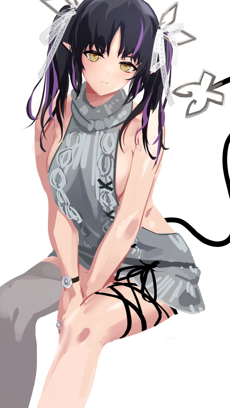 1girl bangs black_hair black_ribbon blush breasts closed_mouth commentary_request demon_girl demon_horns demon_tail eyebrows_visible_through_hair feet_out_of_frame grey_legwear grey_sweater haikeiyu hair_ribbon highres horns invisible_chair kojo_anna leg_ribbon long_hair looking_at_viewer medium_breasts meme_attire multicolored_hair official_alternate_costume pointy_ears purple_hair ribbon sideboob simple_background sitting smile solo sugar_lyric sweater tail thigh-highs twintails two-tone_hair virgin_killer_sweater virtual_youtuber watch watch white_background white_ribbon yellow_eyes