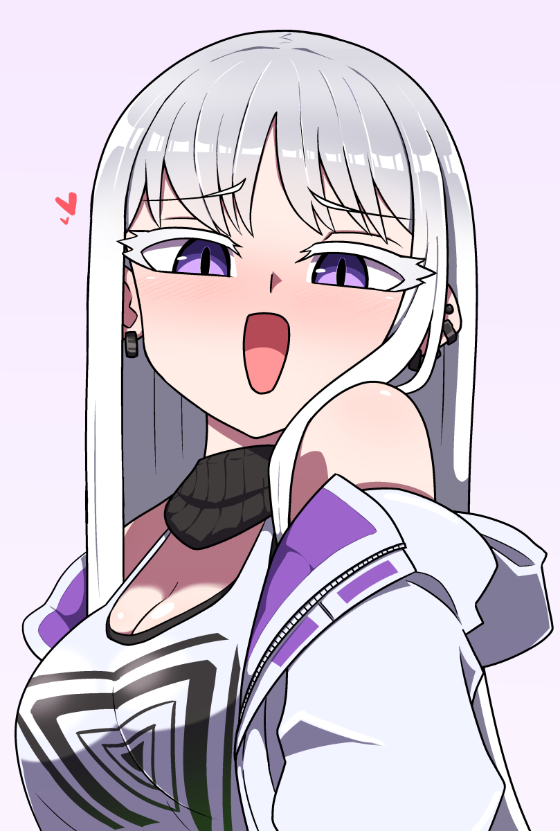 1girl :p bangs blush cheona_(last_origin) colored_eyelashes earrings grey_background heart highres jacket jewelry last_origin long_hair looking_at_viewer omoitsuka open_mouth silver_hair simple_background smile solo tank_top tongue tongue_out violet_eyes