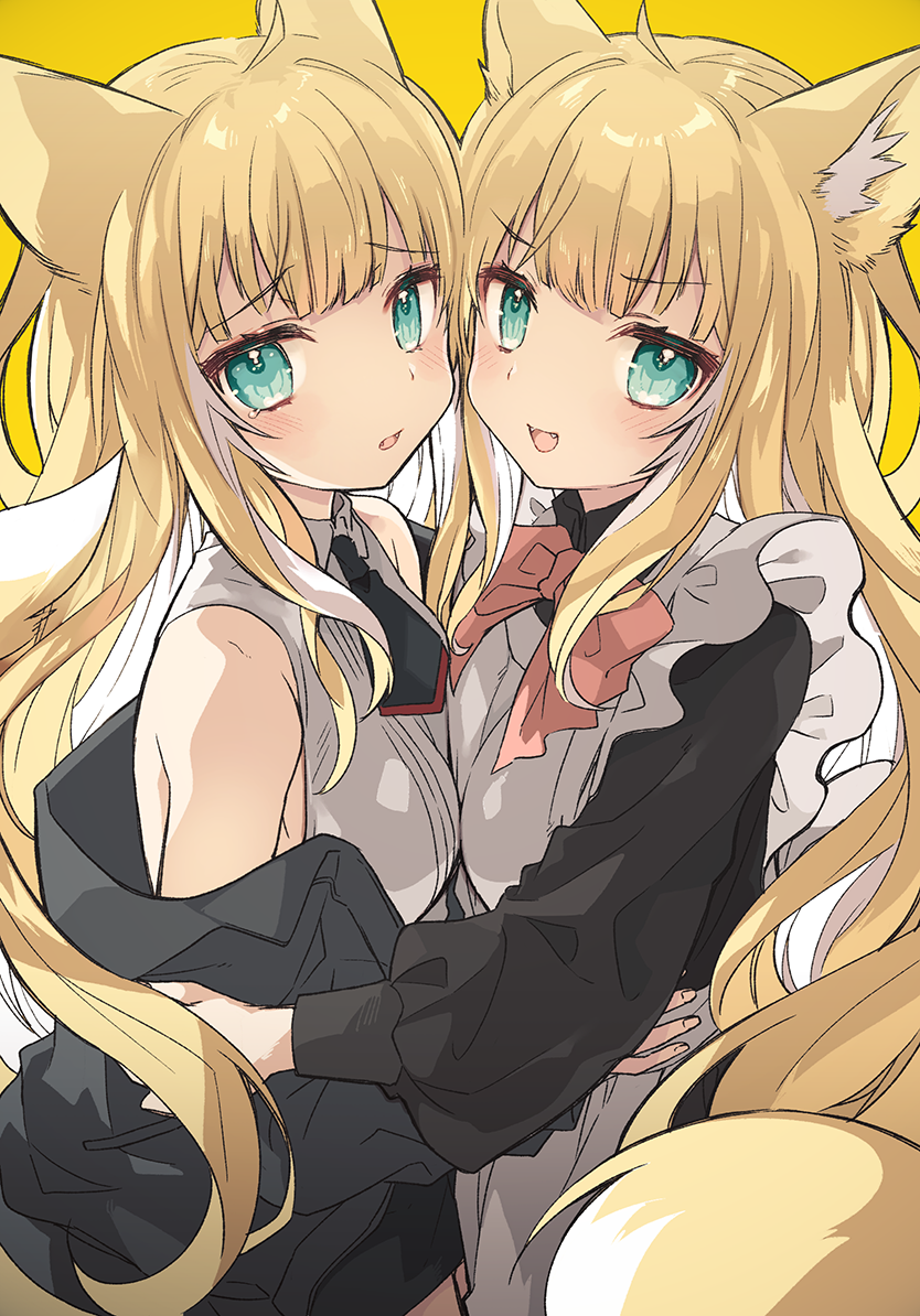 2girls :d ahoge animal_ear_fluff animal_ears apron bangs black_dress black_jacket blonde_hair bow collared_shirt commentary_request dress eyebrows_visible_through_hair fangs fox_ears fox_girl fox_tail frilled_apron frills green_eyes jacket kamiyoshi_rika long_hair long_sleeves maid maid_apron multiple_girls off_shoulder open_clothes open_jacket original parted_lips pink_bow puffy_long_sleeves puffy_sleeves shirt simple_background sleeveless sleeveless_shirt smile tail v-shaped_eyebrows very_long_hair white_apron white_shirt yellow_background