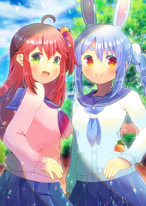 2girls :d ahoge animal_ear_fluff animal_ears bangs bell blue_hair blue_neckwear blue_sailor_collar blue_skirt blue_sky blush braid cardigan closed_mouth clouds cloudy_sky commentary_request commission day eyebrows_visible_through_hair green_eyes hair_bell hair_between_eyes hair_ornament hololive jingle_bell kou_hiyoyo long_hair long_sleeves looking_at_viewer multicolored_hair multiple_girls neckerchief one_side_up outdoors pink_cardigan pleated_skirt rabbit_ears red_eyes red_neckerchief redhead sailor_collar sakura_miko short_eyebrows sidelocks skeb_commission skirt sky sleeves_past_wrists smile thick_eyebrows twin_braids twintails two-tone_hair usada_pekora virtual_youtuber white_cardigan white_hair