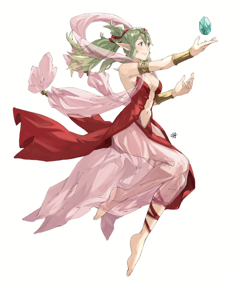 1girl alternate_costume bangs barefoot breasts closed_mouth clothing_cutout dress fire_emblem fire_emblem_awakening fire_emblem_heroes full_body green_eyes green_hair highres jewelry long_hair medium_breasts navel navel_cutout pointy_ears ponytail sakuremi smile solo tiara tiki_(fire_emblem) white_background