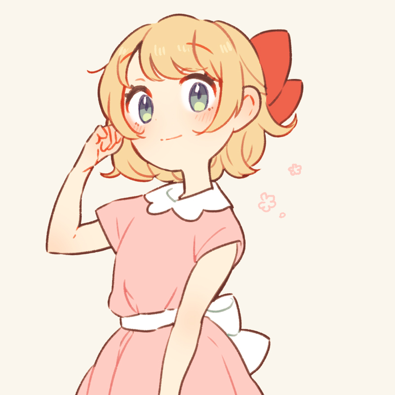 1girl blonde_hair blue_eyes blush bow dress eyebrows eyebrows_visible_through_hair flower looking_at_viewer mother_(game) mother_2 paula_(mother_2) pink_dress puffy_short_sleeves puffy_sleeves red_bow ribbon sanpaku shifumame short_sleeves simple_background smile solo upper_body white_ribbon